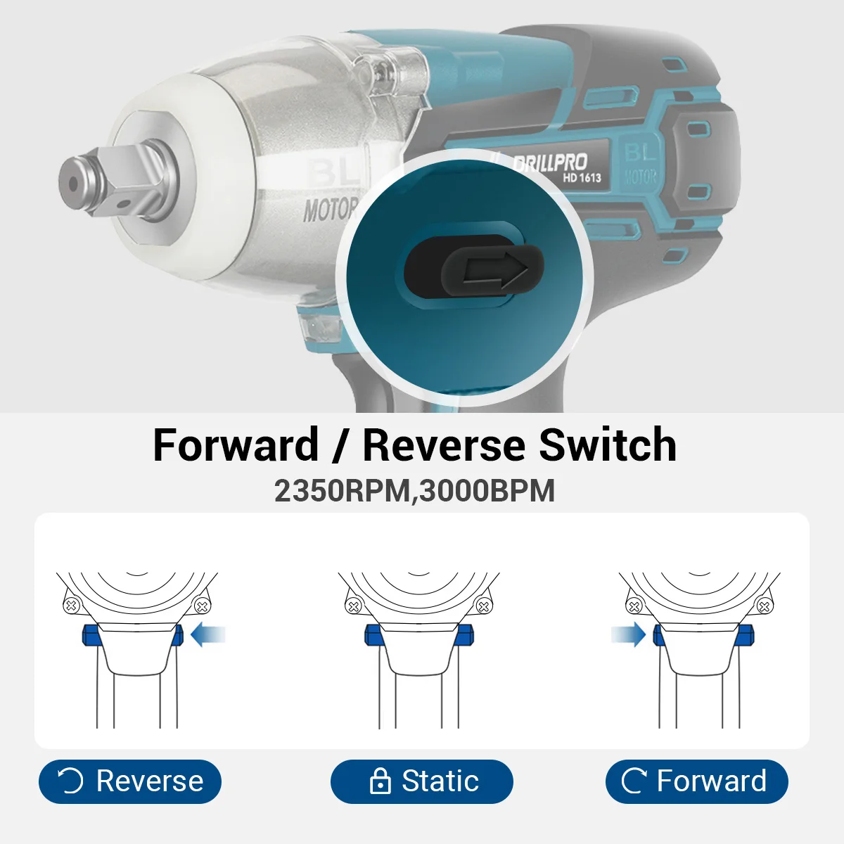 Drillpro kunci pas elektrik dampak tanpa sikat, alat perbaikan mobil tanpa kabel 2350RPM 2350 inci 1/2 RPM untuk baterai 18V