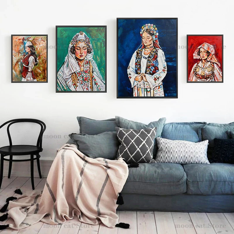Traditional Costume Albanian Woman Canvas Oil Painting Graffiti Girl Portrait Poster Wall Art Pictures Room Home Decor