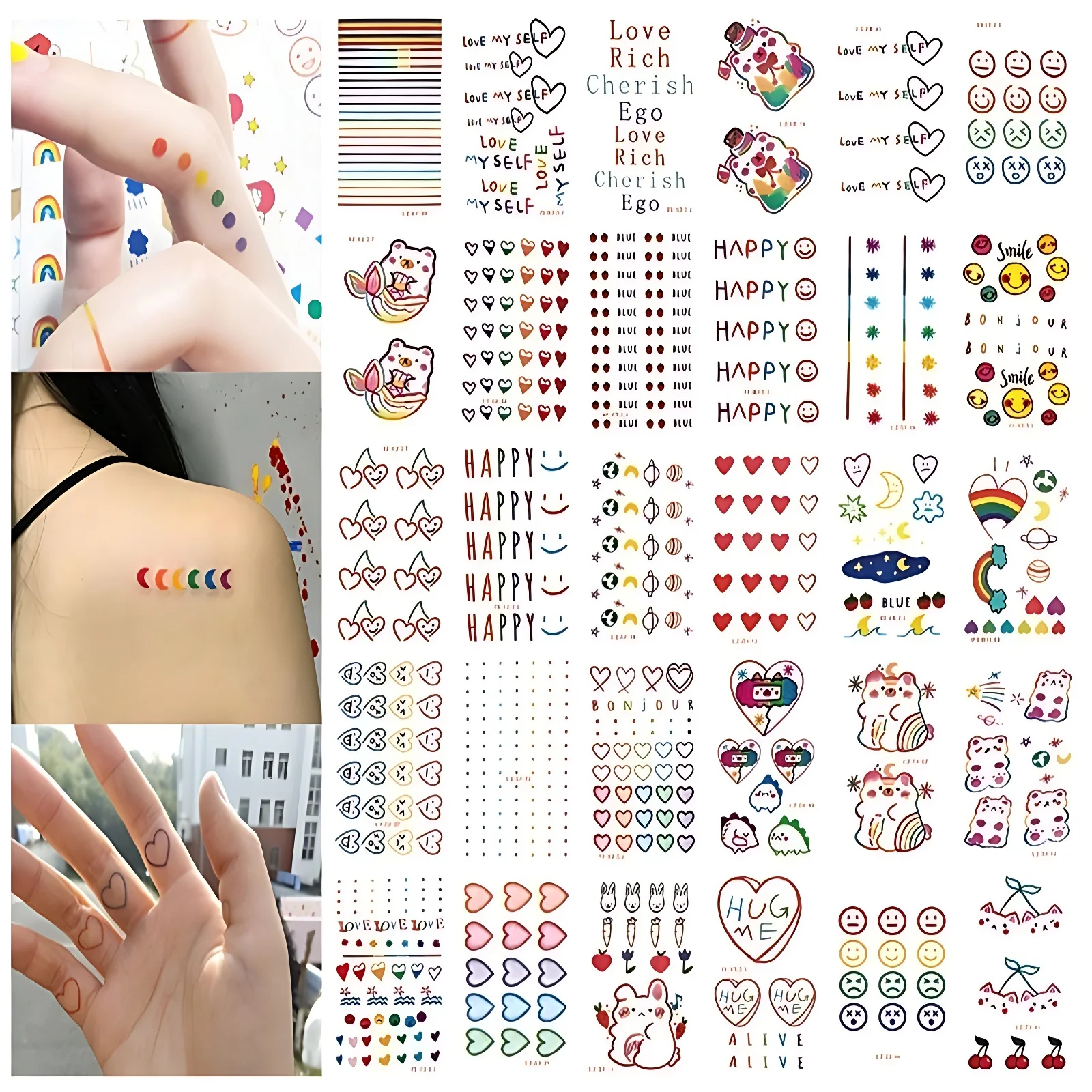 30pcs/set Tattoos Temporary Waterproof for Girls Children Colorful Heart Smiling Face Transfer Fake Tattoo Face Hand Party Decor