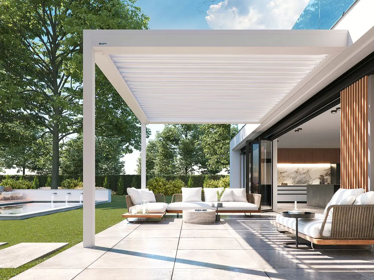 

Retractable Gazebo Extended Structure Sliding Louver Wall Bioclimatic Adjustable Louvered Roof Sunshade Outdoor Aluminum Pergola