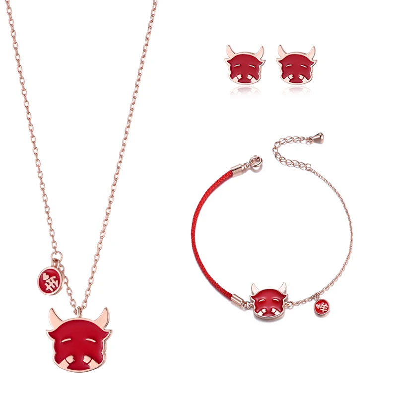 Spanish Bull Running Festival Sports Jewelry Women' Gift Warm Color Changing Red Lacquer Rose Gold Necklace Bracelet Earring Set