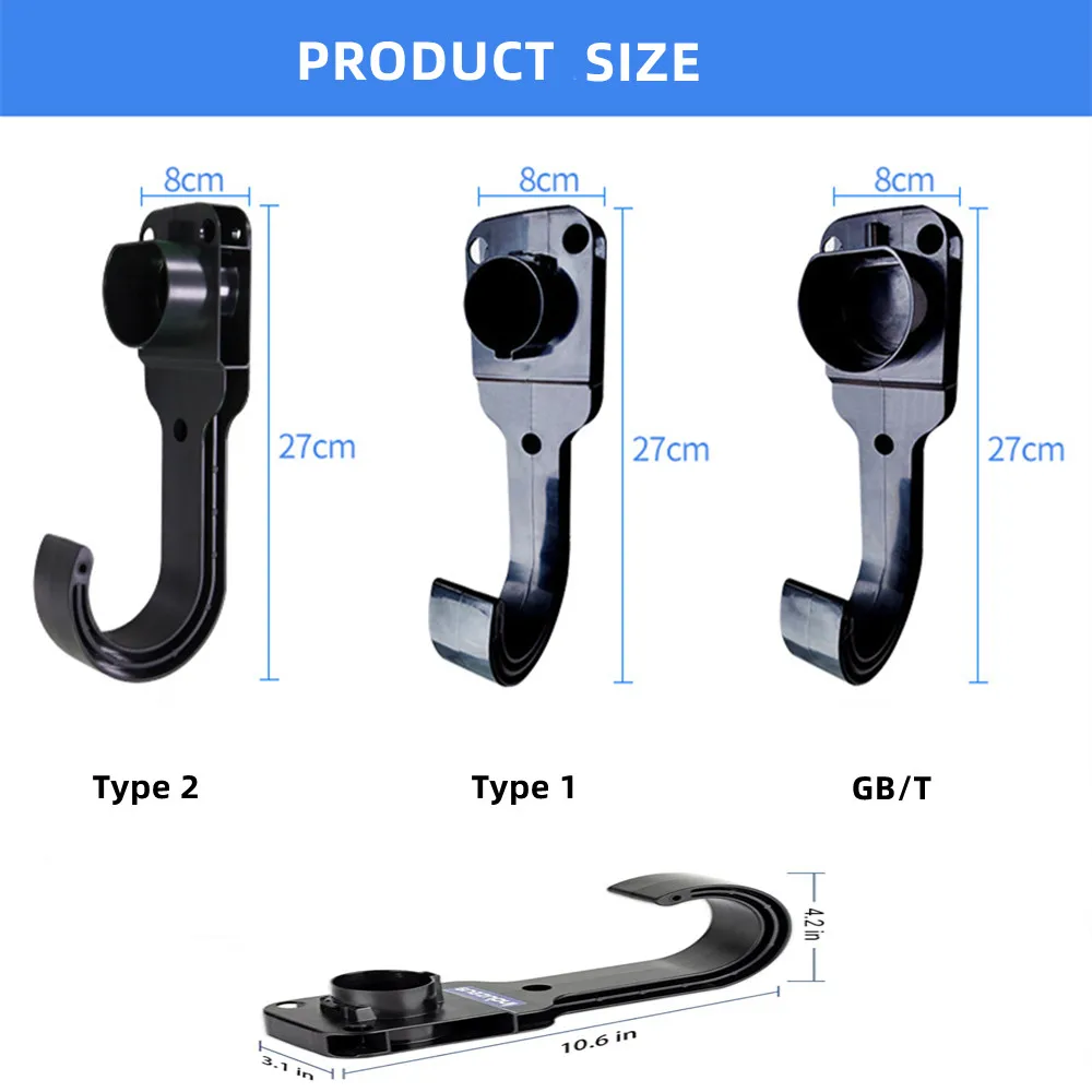 EV Charger Nozzle Holster Dock Holder for Type1/Type 2 Plug High Quality ABS J-Hook Combination for Wall Mounted EV Cable Holder