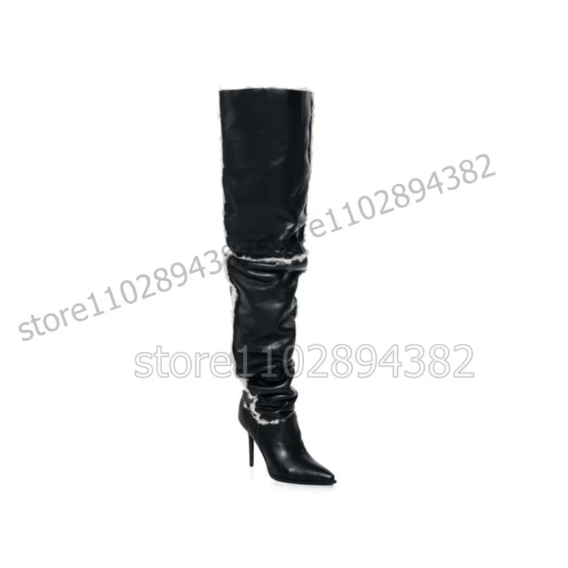 Sepatu Boots Wanita Tinggi Selutut Model Pleated Ujung Runcing Warna Hitam dengan Hiasan Bulu, Hak Tinggi Tipis, Gaya Fashion Terbaru untuk Pesta 2023, Zapatos Para Mujere