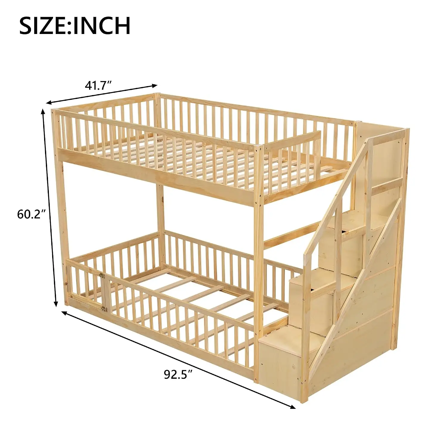 Twin Over Twin Low Bunk Bed with Storage Ladder Natural/L1 | Fence-shaped Guardrails,Space-Saving Solid Wood Bunk, Customized