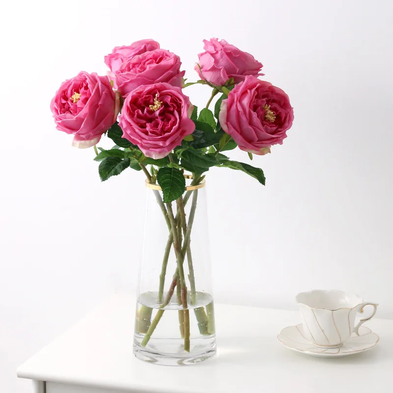 6pcs/lot True Touch Artificial Tea Rose Branch Wedding Floral Simulation Flowers Latex Austin Roses Fake Flower Hotel Decoration