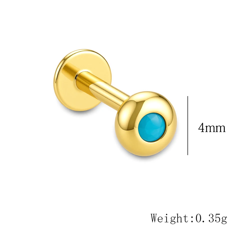 925 Sterling Silver 14K Gold Plated Round Ball Turquoise Flat Back Single Stud Earring Cartilage Piercing Jewelry