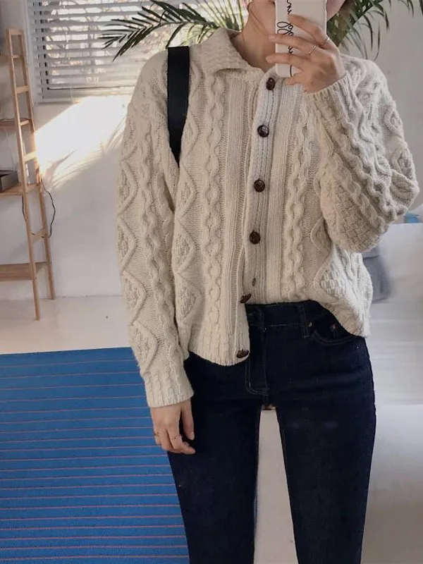 

Весна 2026: Женский свободный вязаный кардиган из чистой шерсти с круглым вырезом, узором косы, теплый, для повседневной носки, с длинными рукавами, пальто-свитер