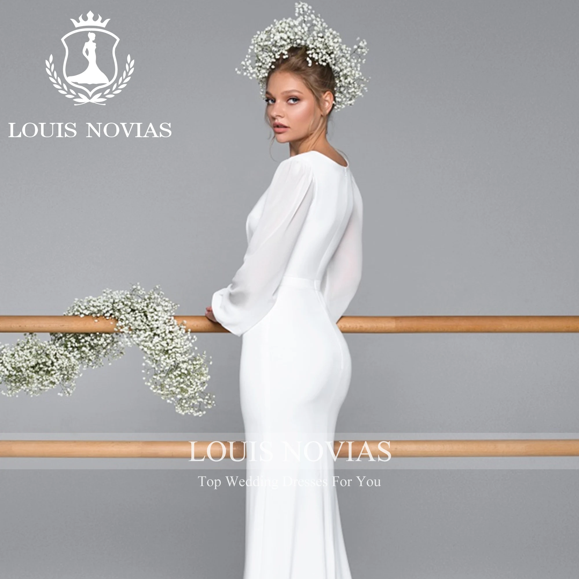 Louis novias sereia manga longa puff vestido de casamento de alta qualidade sexy com decote em v bainha flowy cetim vestido de casamento vestidos de novia