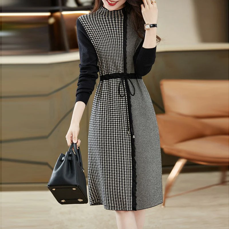 Autumn Winter Half High Collar Houndstooth Lace Patchwork Knitting Dress Female Elegant Fashion Drawstring Waist Robe Vestidos