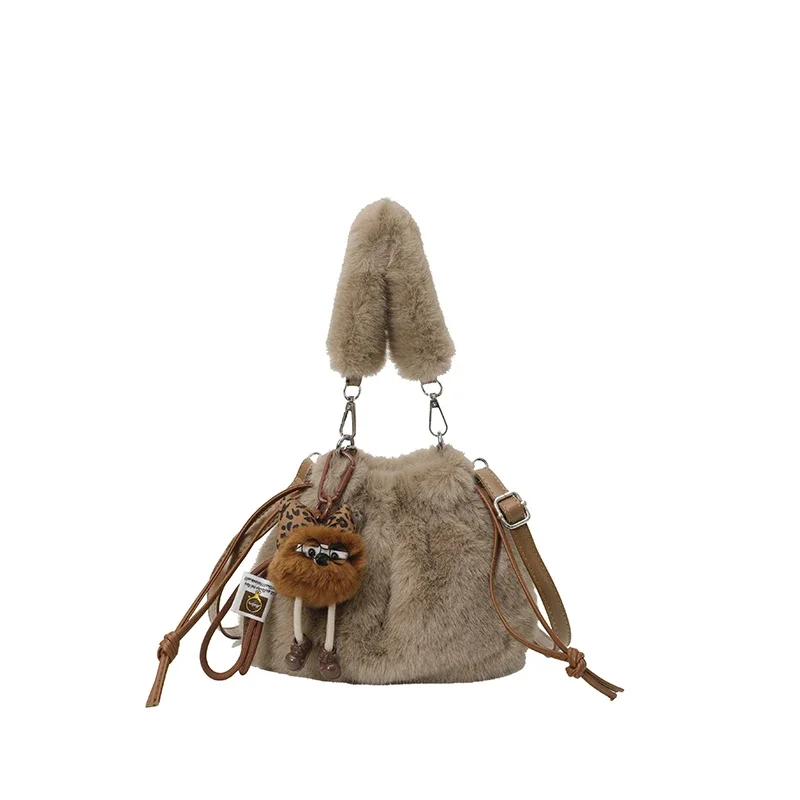 Fashion Winter Burgundy Faux Fur Bucket Crossbody Bag Detachable Strap Plush Shoulder Bags Sweet Soft Fluffy Drawstring Handbag
