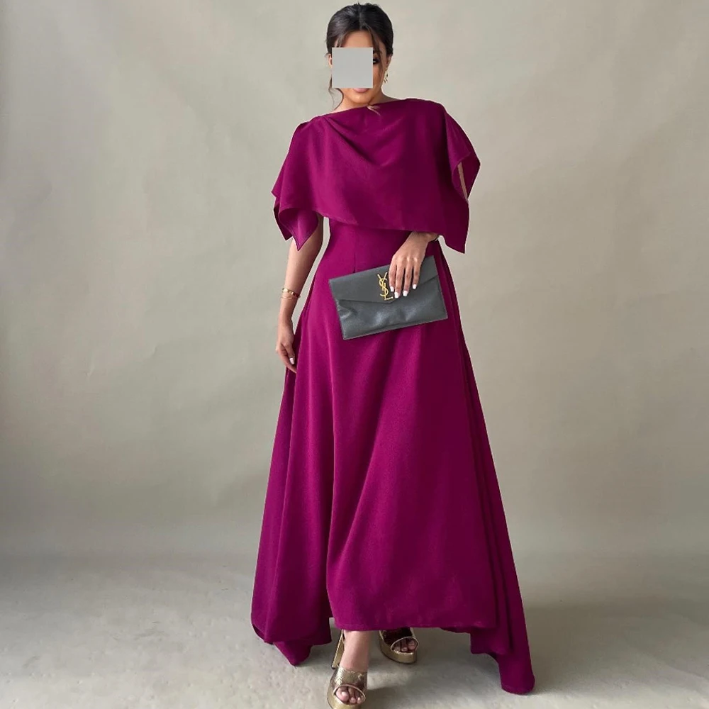 

Customized O-neck Simple Jersey A-line Evening Dress Sleeveless Watteau Train Party Dress With Cape Ankle Length Prom Gown