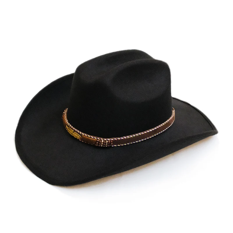 Retro Wide Brim Feather Leather Belt Autumn Winter Warm Women Men Hard Felt Yellowstone Style Cap Cowboy Cowgirl Hat 58-59cm