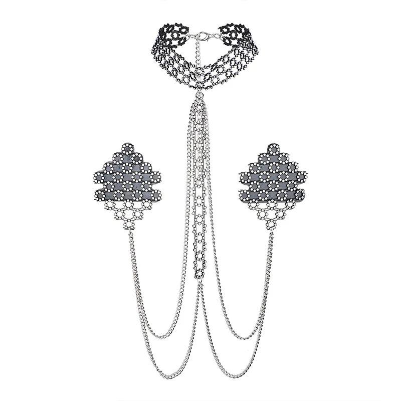 

Сексуальные декоративные накладки на соски со стразами, ошейник-чокер, цепочка для тела, цепочка на шею с кисточками, самоклеящаяся, многоразовая, женское нижнее белье