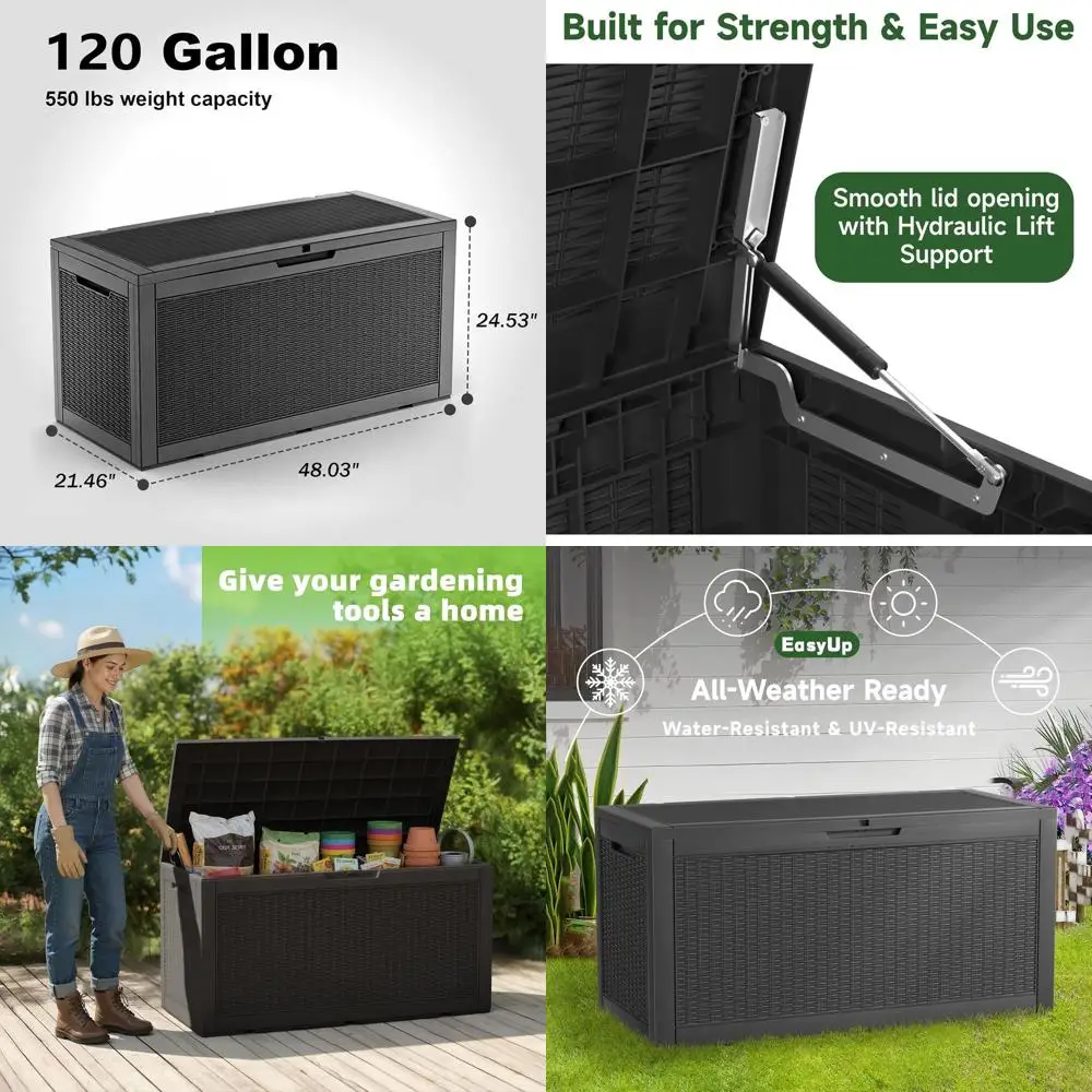 

120 Gallon Weatherproof Deck Box with UV Protection and Hydraulic Lid for Outdoor Storage