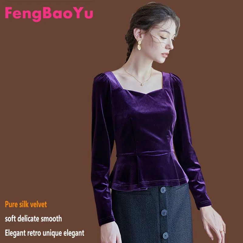 

Silk Velvet Women's Spring Autumn T-shirt French Square Collar Long-sleeved Shirt Noble Elegant Blouse Soft Light Free Shipping