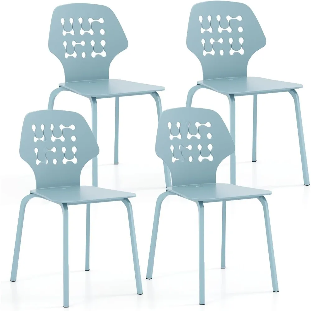 Modern Dining Chairs Set of 4, Modern Kitchen Chair with Hollowed Backrest, Armless Dining Side Chair with Metal Legs, blue