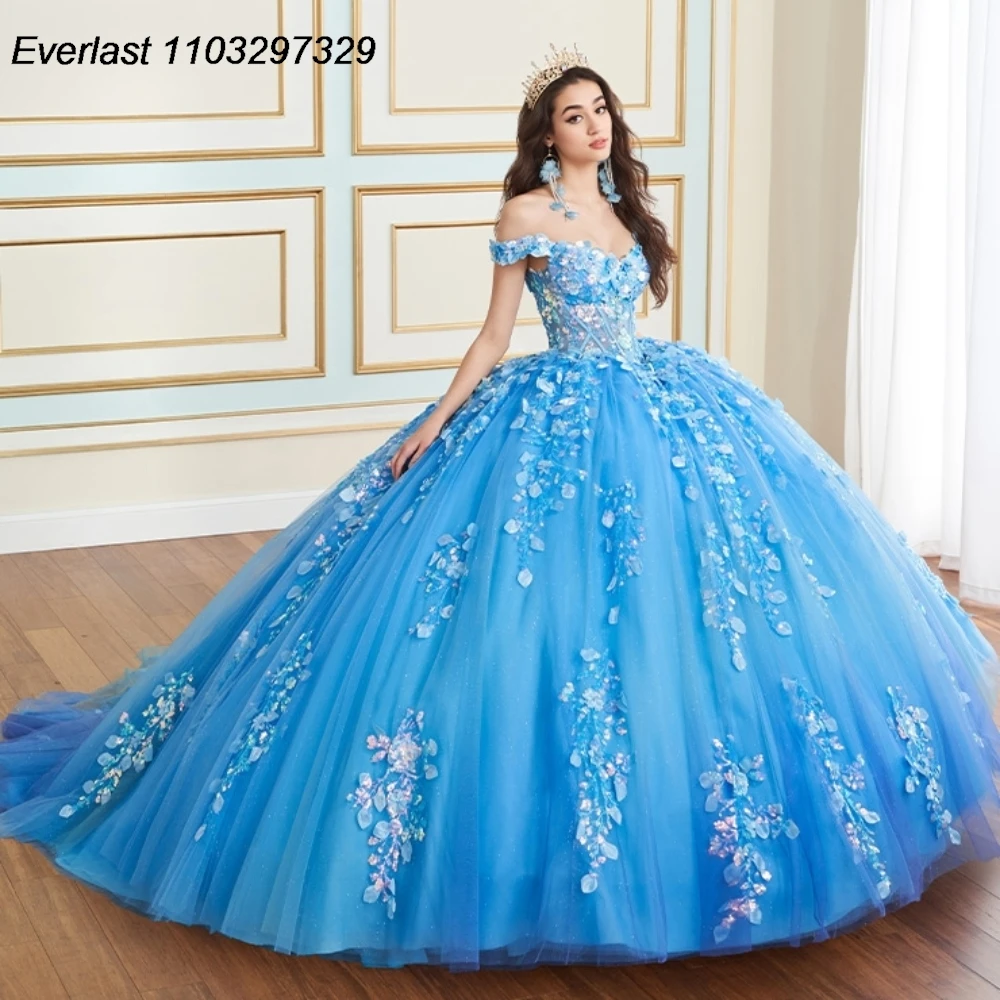 

EVLAST Customized Blue Quinceanera Dress Ball Gown Sequins Applique Beading Mexican Corset Sweet 16 Vestido De 15 Anos QD1068