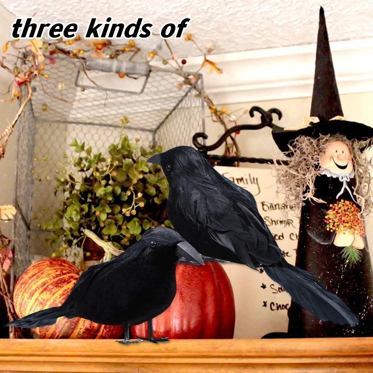 1-9PCS Artificial Black Raven Flocked Feathers Halloween Ghost Party Decoration Spooky Bird Model for Graveyard Scene Prop Favor
