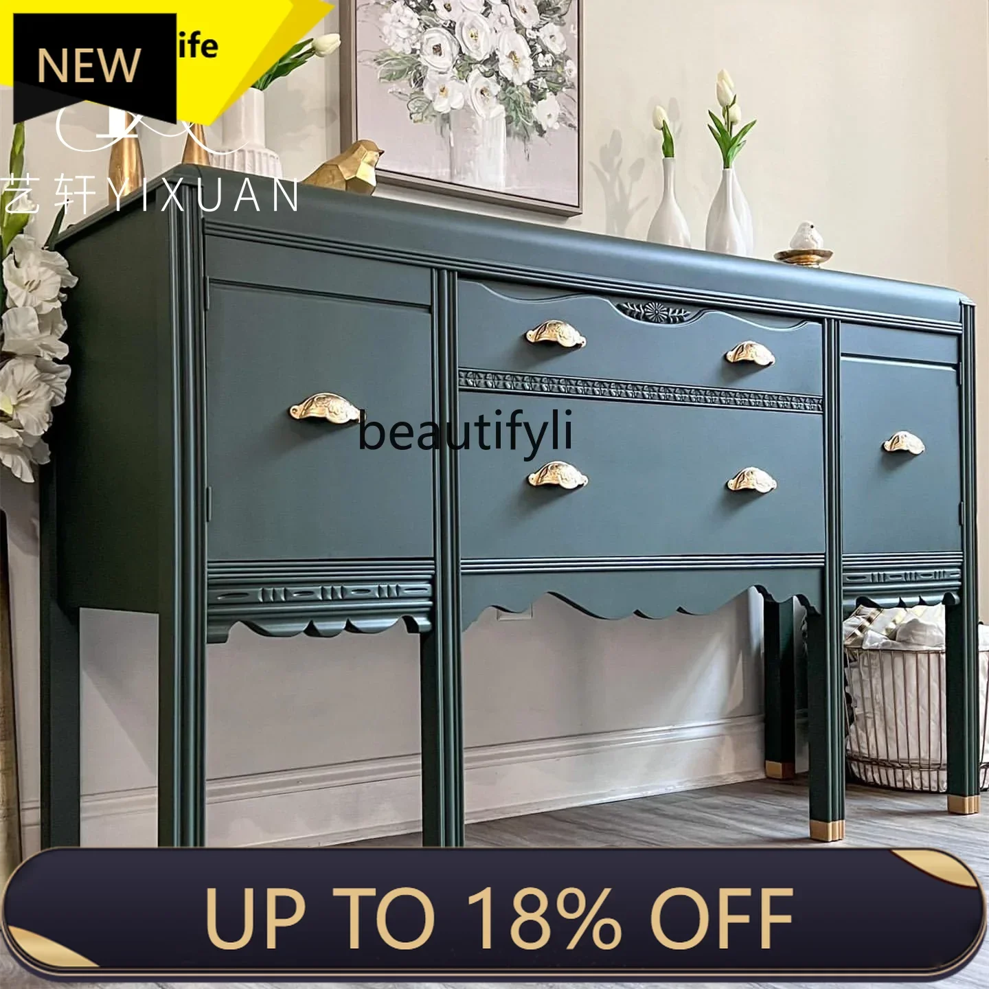 

P178 French Retro Solid Wood Carved Entryway Cabinet American Style Living Room Entryway Decorative Sideboard Wall Storage Cabi