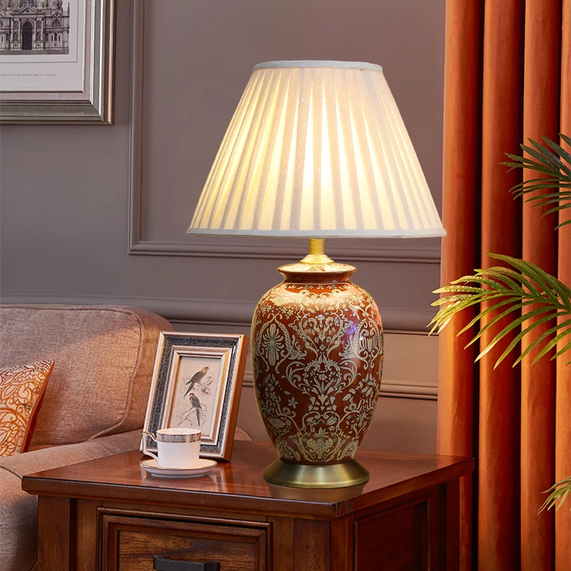 40x65cm Luxurious Large Table Lamp Chinese Style Vintage Red Paiting Ceramic Table Lamps For Bedroom Living Room Bedside Lamp