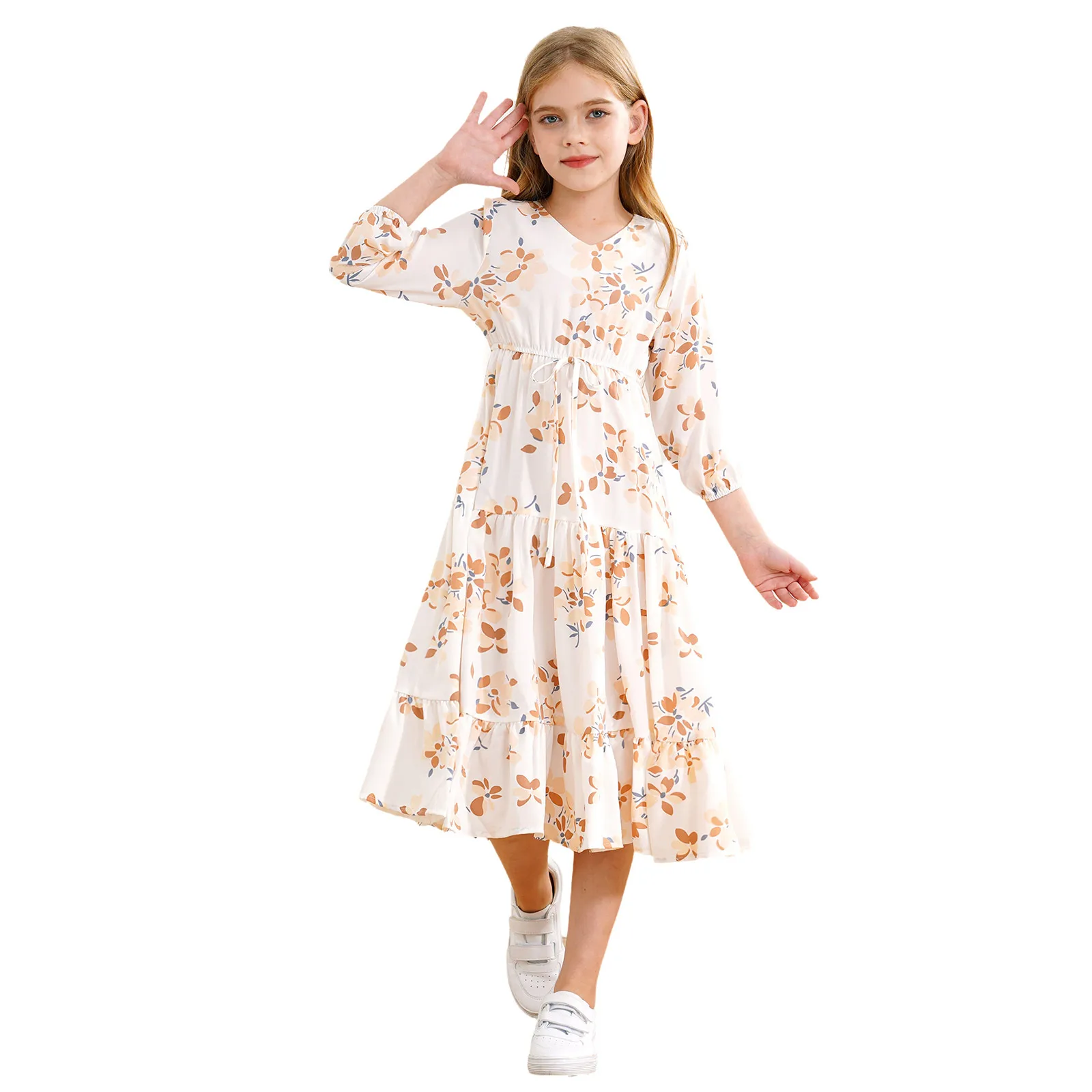 

Kids Girls Floral Printed Dresses Long Sleeve High Waist A-line Dress Ruffle Hem Long Maxi Skirt for Casual Beach Summer Holiday