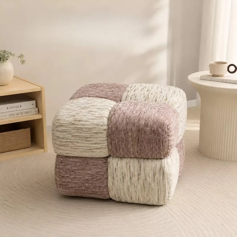 Cream Low Square Pouf Sofa Shoe Footrest Bench Home
