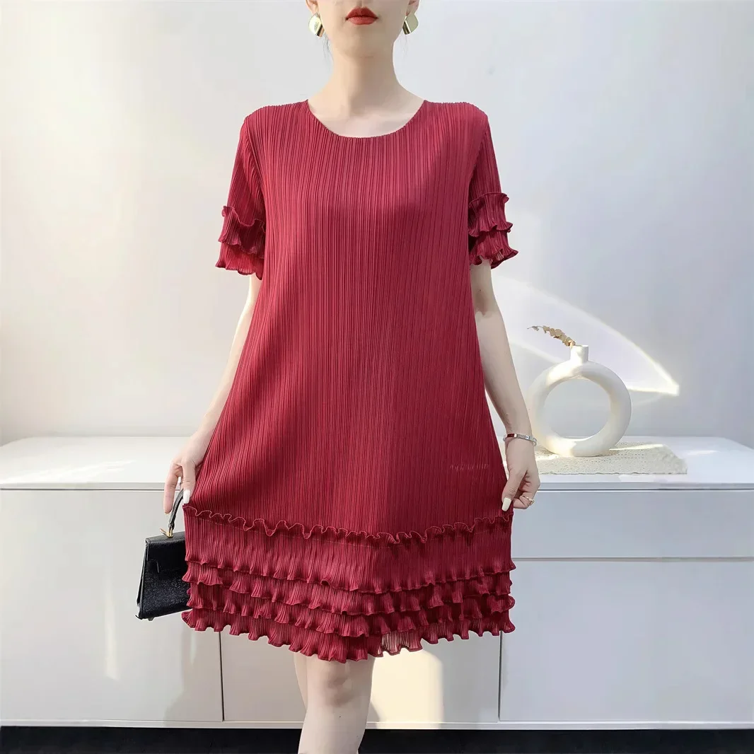 Pleats Pleated Dress Middle Dress Round Neck Cake Skirt Solid Color Show Thin Minor Design Sense 2025 Summer New Women Clothing