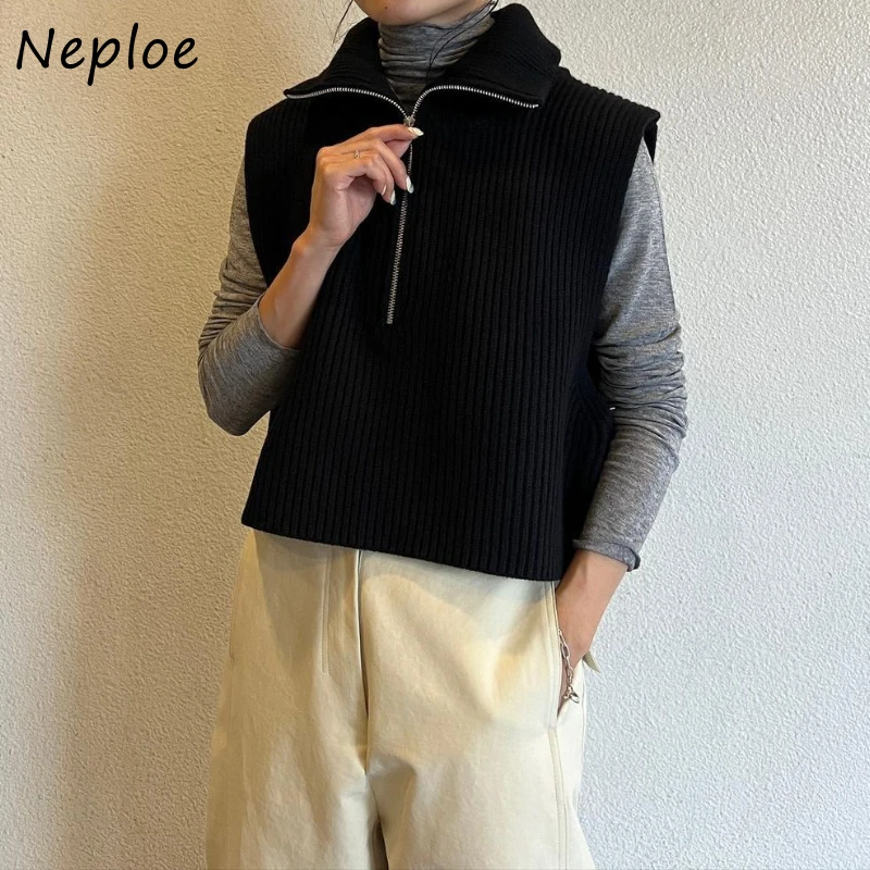 Neploe Japan Stand Collar Sleeveless Woman Sweaters Casual Loose Zip Solid Cardigan Knit Stripe Elegant Soft Sweater Vest