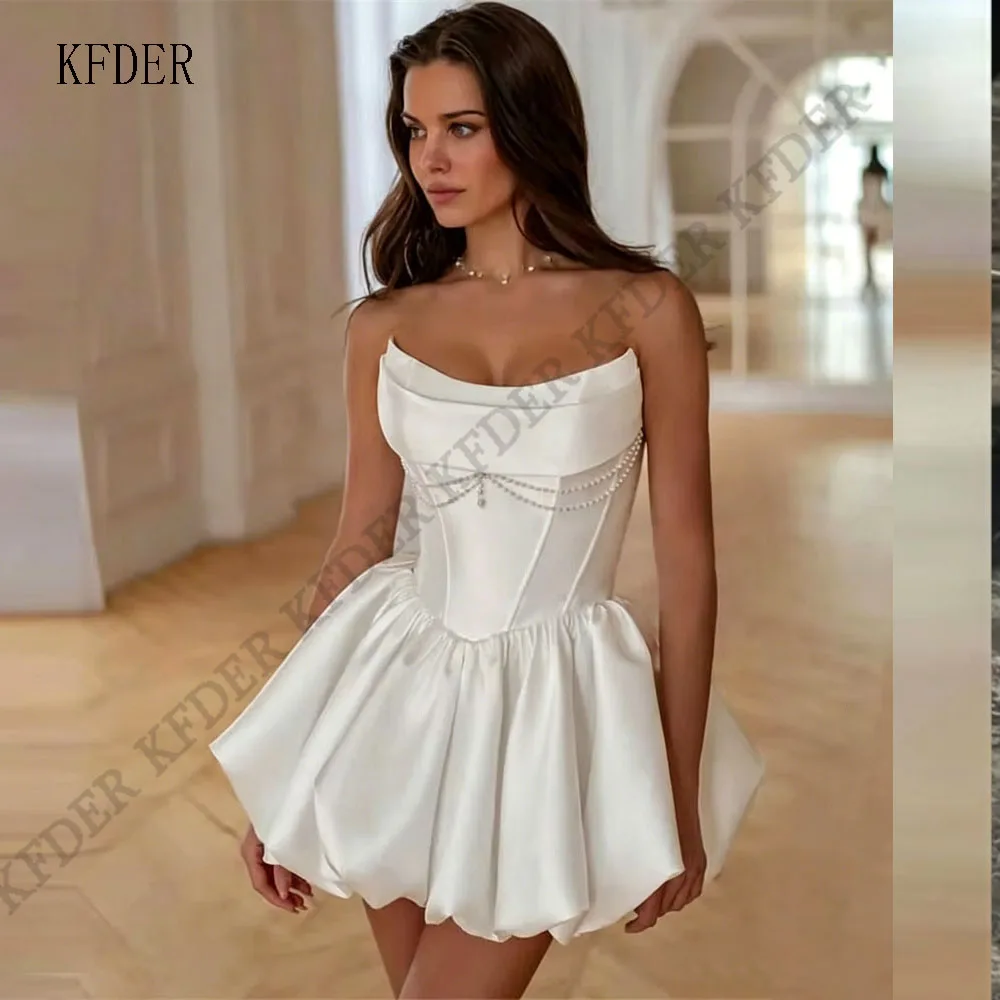 

Charming Short Satin Wedding Dress Women Boat-Neck Lace Beading Pleat Sleeveless Open Back Lace-up Party Gown Customized