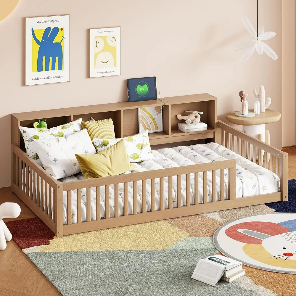 

Floor Bed Frame with Storage Cabinets and USB Ports, Wood Twin XL Size Monessori Floor Bed with Fence Rails for Kids Girls Boys,