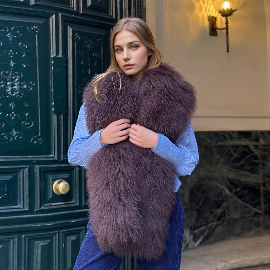 

Genuine Fur Shawl For Women Real Mongolian Fur Shawl New Winter Warm Shawl Best Selling Long Real Lamb Fur Shawl