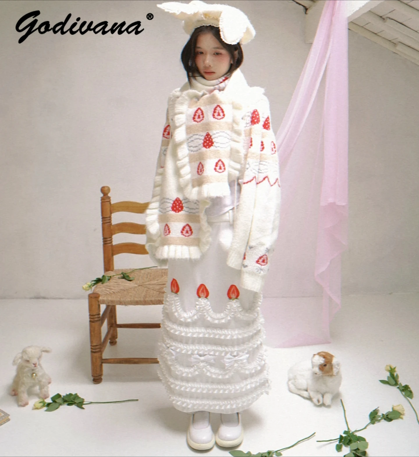 

Girls Sweet Happy Birthday Strawberry Cream Cake Print Long Skirt Autumn Winter Jacquard Mohair Knitted Cardigan Coat Scarf Set