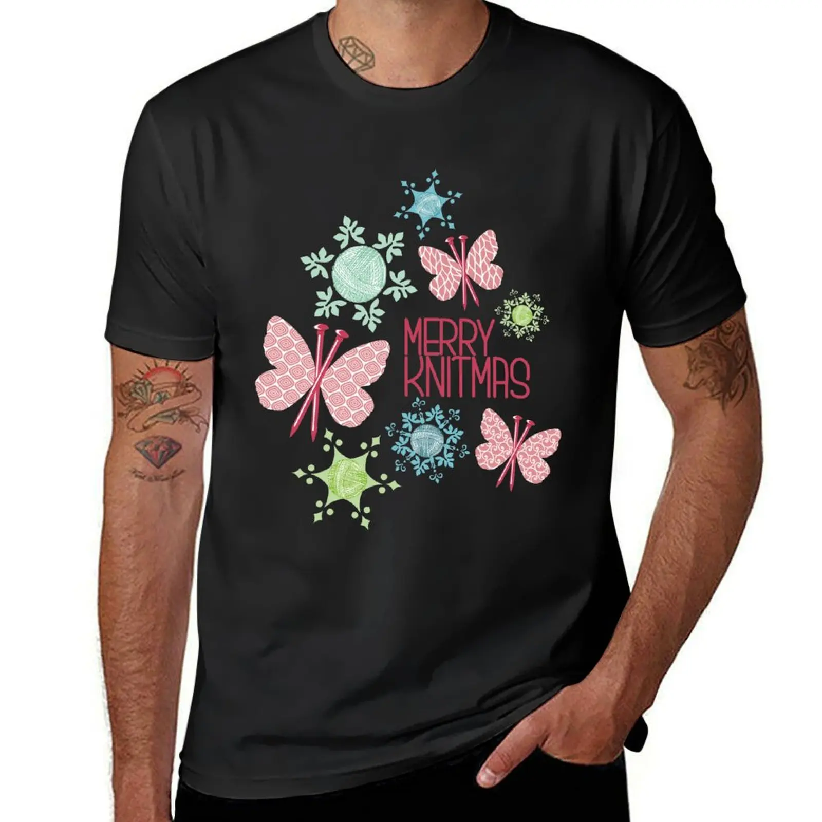 Merry Knitmas butterfly knitting needles yarn snowflakes T-Shirt plus size tops tops cute clothes mens workout shirts