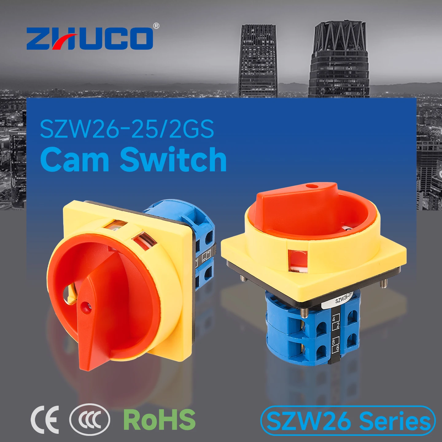 Zhuco 2-Position Selector Switch 25A 690V, 8-Terminal Universal Rotary Cam Selector with Locking Switch, Suitable for Distribution Cabinets, Machine Tools, Industrial Panels (Szw26-25/2Gs, on Off, Off on)