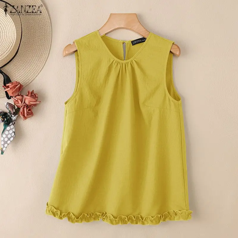 

ZANZEA Summer Sleeveless Tanks Tops Women Blouse Vintage Solid Loose Shirt Casual O Neck Camis Elegant Flounce Work Tees Femme