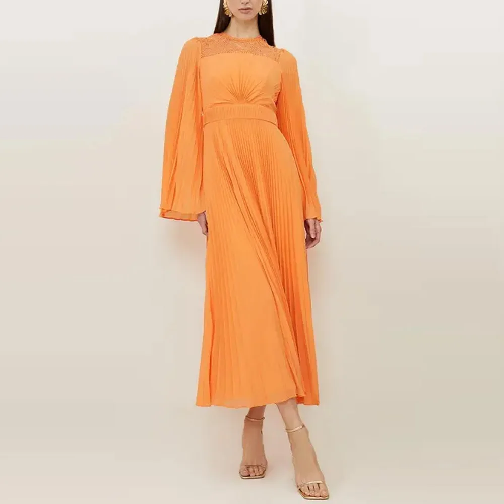 

Elegant Orange Chiffon Pleated Maxi Dress Long Sleeve Lace Neck Formal Prom Gown Customized for Bridesmaid Wedding Guest Cocktai
