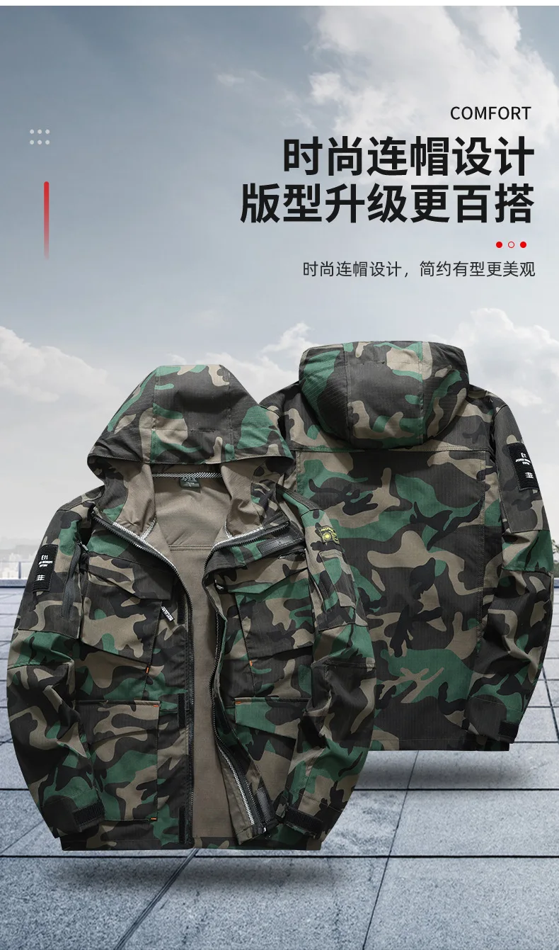 Frühling Herbst Herren Camo Ripstop Taktisches Zweiteiler-Set mit Kapuze, Mehrere Taschen, Verschleißfest, Elastische Manschetten, Arbeitskleidung, Jagd, Outdoor L – Detail 6