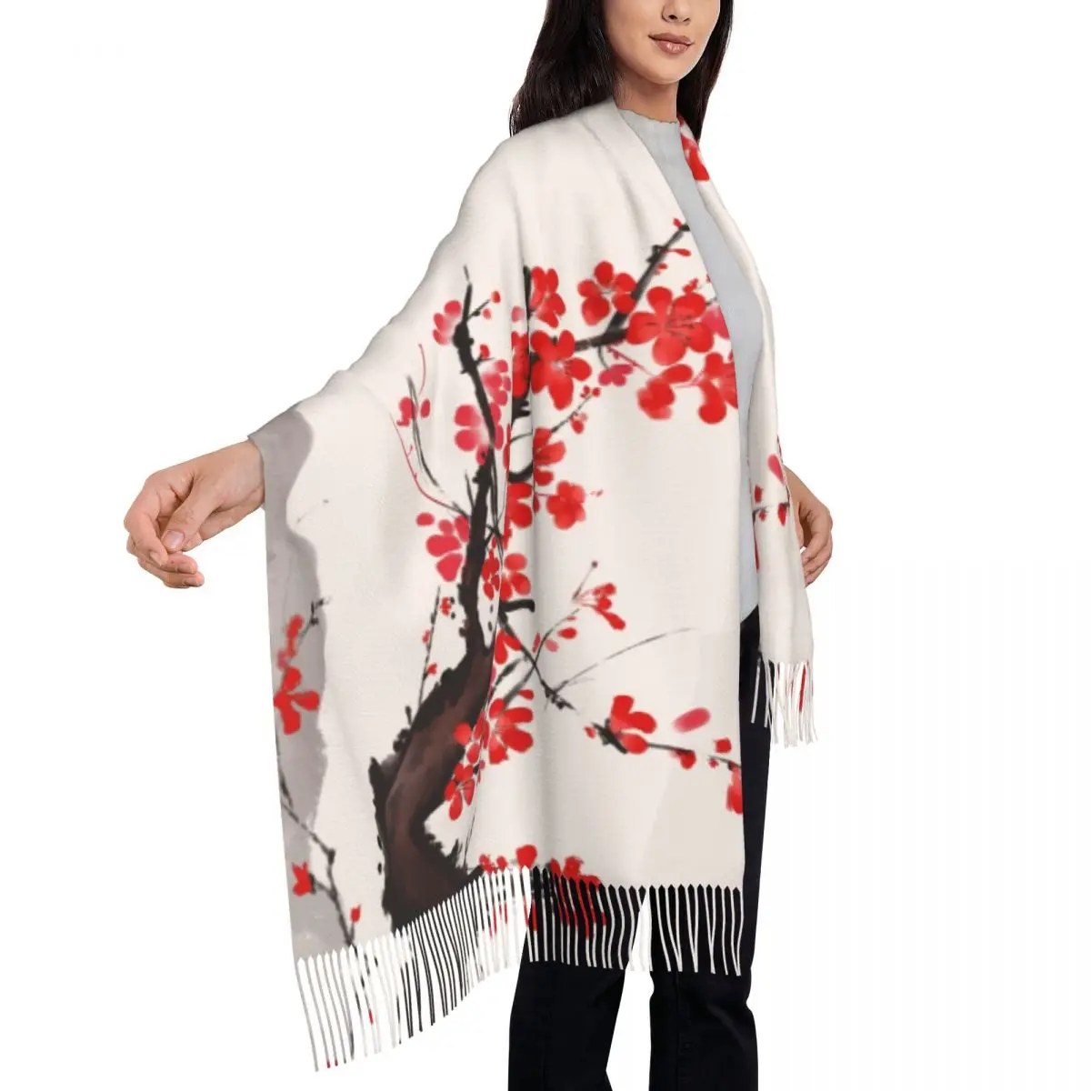 Cherry Blossom Japanese Style Tassel Scarf Women Soft Sakura Floral Flowers Shawl Wrap Ladies Winter Fall Scarves