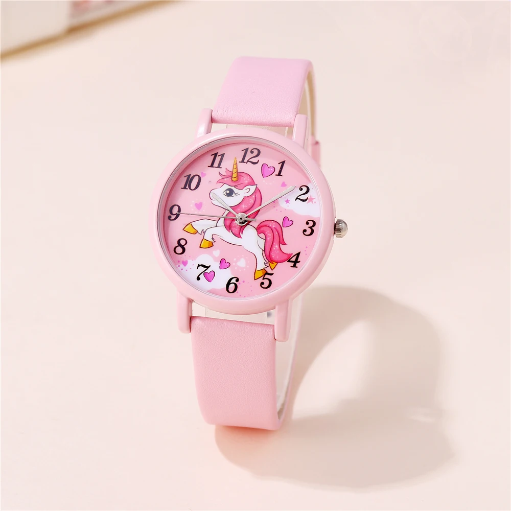 cute pink pu leather band unicorn Children\'s cartoon watch