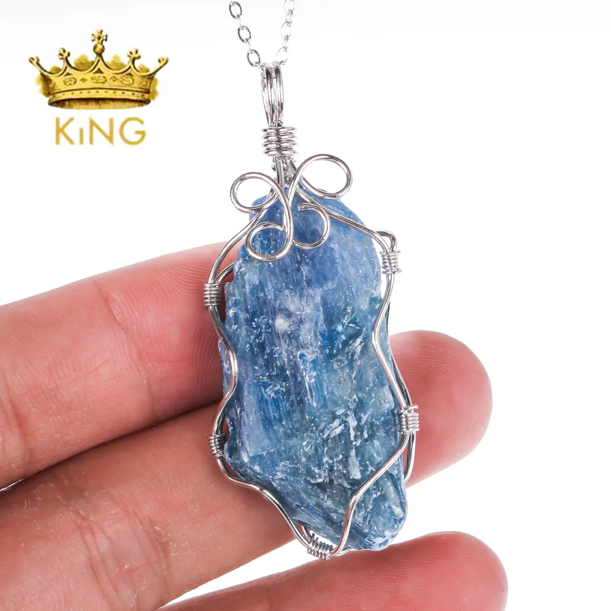 High Quality Silver Wire Wrapped Natural Crystal Healing Stones Kyanite Pendants Necklace for gift