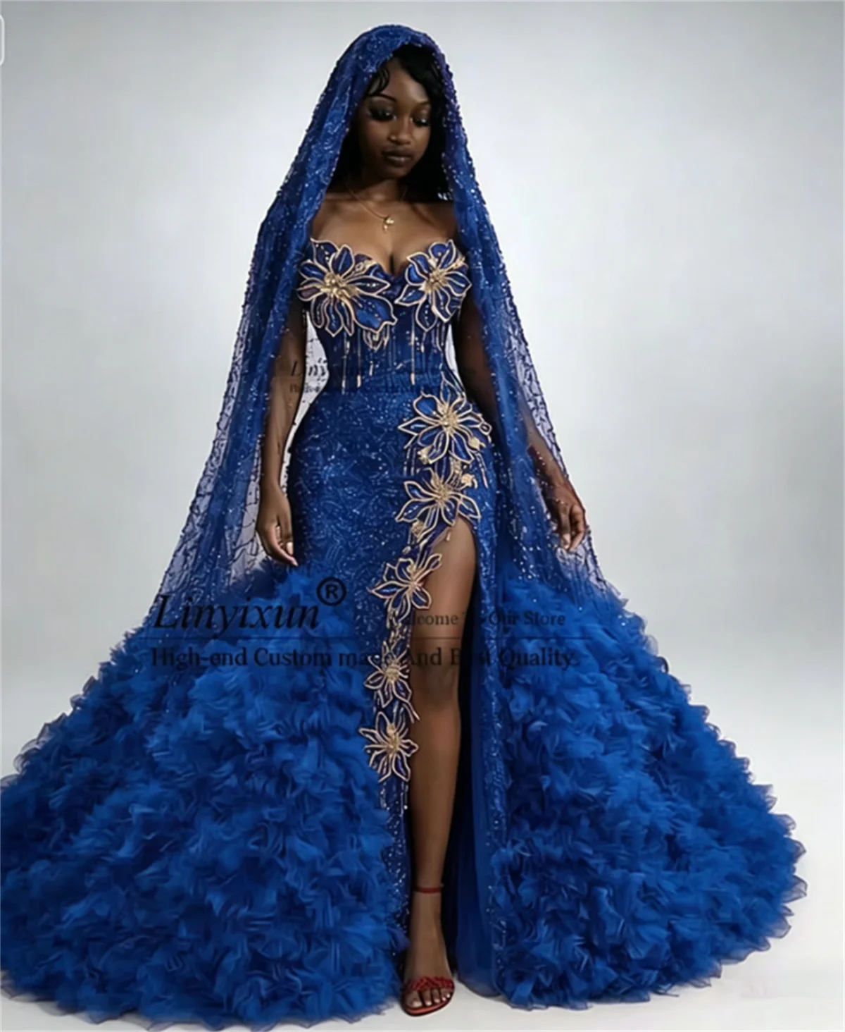 Glitzernde Spitzen-Pailletten-Meerjungfrauen-Abschlussballkleider ohne Schleier, maßgeschneidertes Abendkleid, Aso Ebi, afrikanische Rüschen, Roben de Soirée