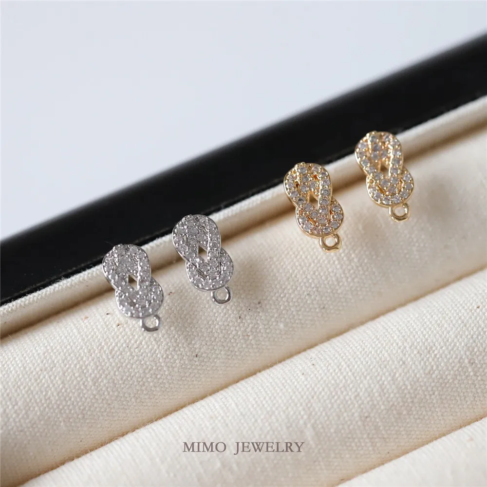 Copper-plated Real Gold Simple Micro-inlaid Zircon 8-character Knotted Stud Earrings, Earclips DIY Handmade Charm Accessories