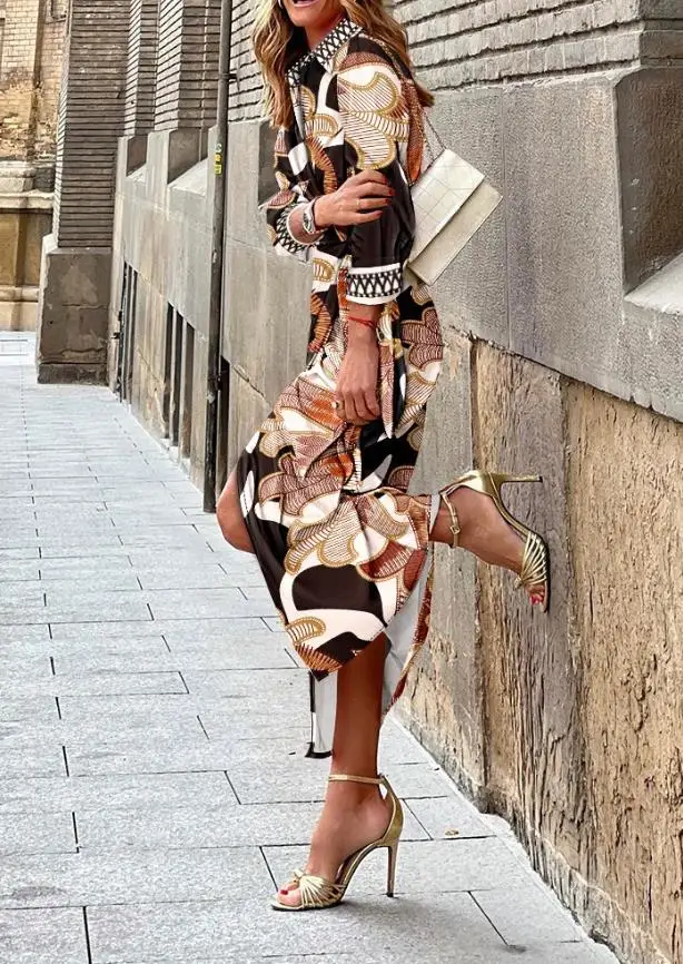 Vestido feminino outono inverno 2025 estampa geométrica casual detalhe amarrado camisa vestido vintage impresso fino ajuste plissado vestido elegante