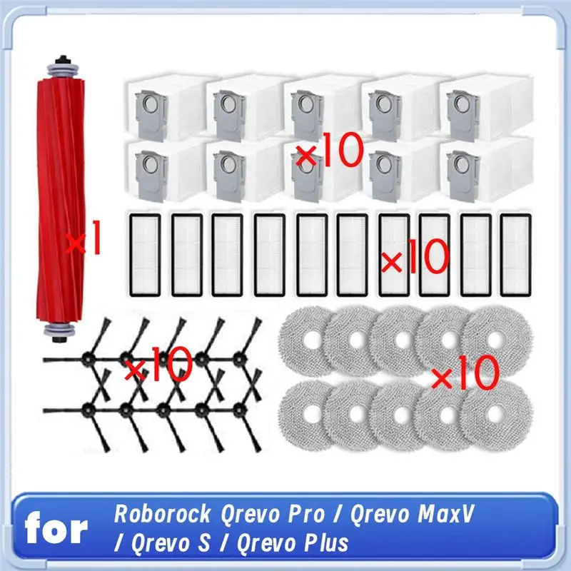 

Для роботов-пылесосов Roborock Qrevo Pro / Qrevo Maxv / Qrevo S / Qrevo Plus: роликовая и боковые щетки, HEPA-фильтр, салфетка для влажной уборки, мешок для сбора пыли