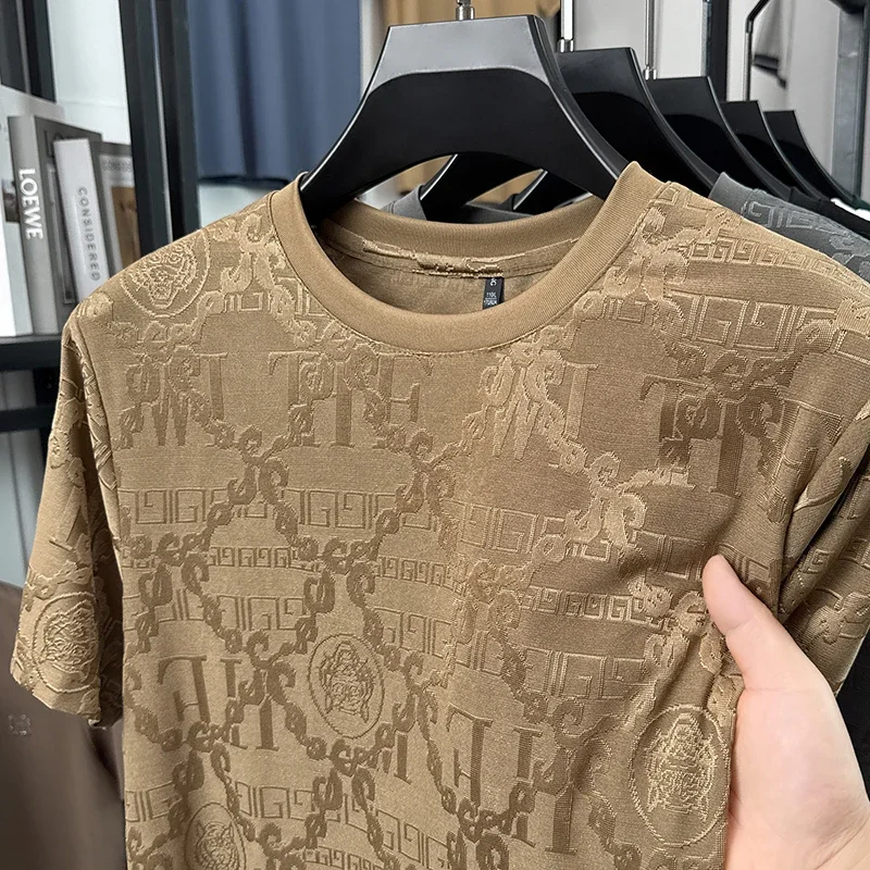 Mens Short Sleeve Subtle Jacquard Pattern Crew Neck Tees Loose Fit Wrinkle Resistant Lightweight Fashion Tops For Men