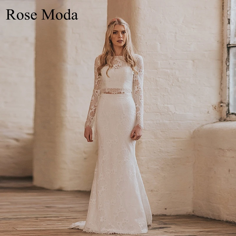 Rose Moda Long Sleeves Lace Two Pieces Boho Wedding Dress with Tassels Destination Bridal Gown Real Photos