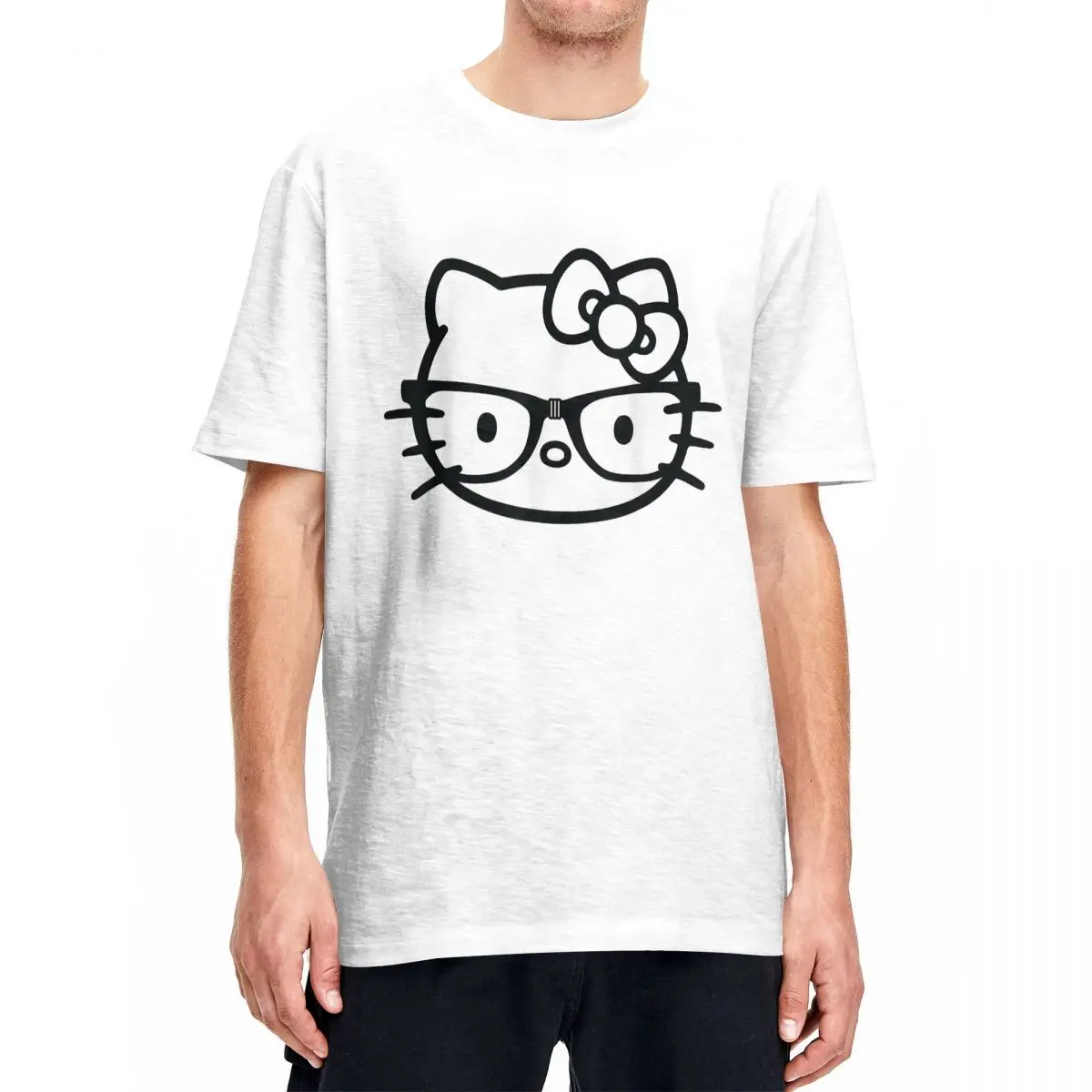 Hello Kitty Black And White Nerd Glasses T Shirts Men Women\'s Pure Cotton Male T-Shirt Crewneck Tees Short Sleeve Tops Printed