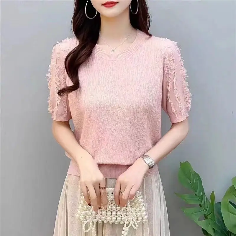 

Summer Tassel Sweater Women's Knitted T Shirt Female Casual Short Sleeve All-match Pullover Ladies Knitwear Tops Loose Tees Q126