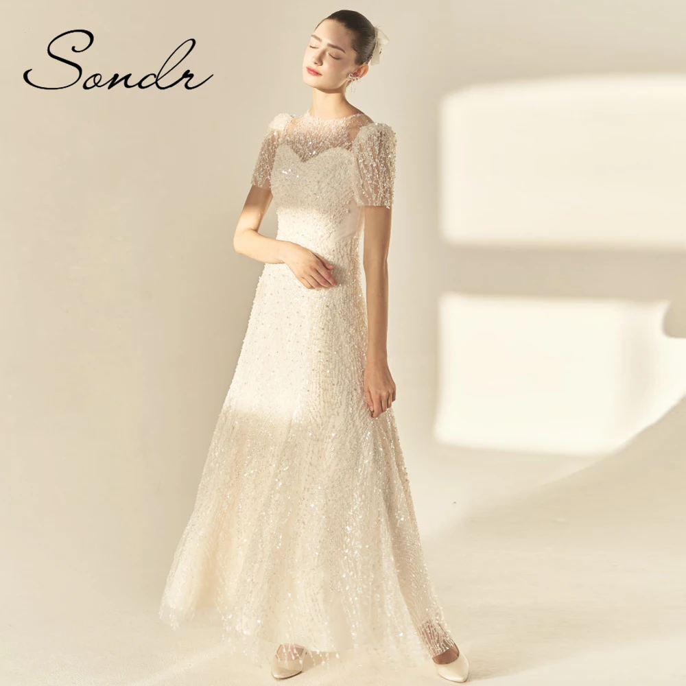 Sondr Luxury Women Wedding Dresses O-Neck Short Sleeves Sequined Wedding Party Gown Customized Evening Gown Prom Dress for Lady