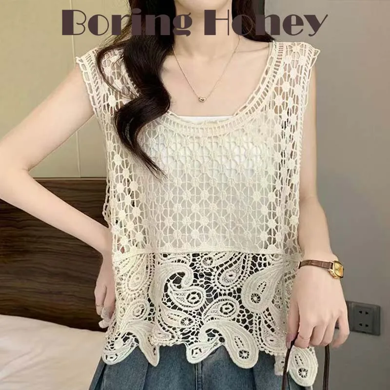 Boring Honey Korean Style Crochet Hollow Out Cami Top Women New Design Unique Strap Vest Summer Loose Casual Sleeveless Tank Top